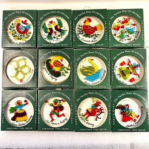 Vintage twelve days of Christmas Ornaments glass with plastic frame